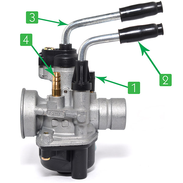 Right side of carburettor No. 1: Fuel valve depression No. 2: Choke cable No. 3: Throttle cable No. 4: Fuel inlet